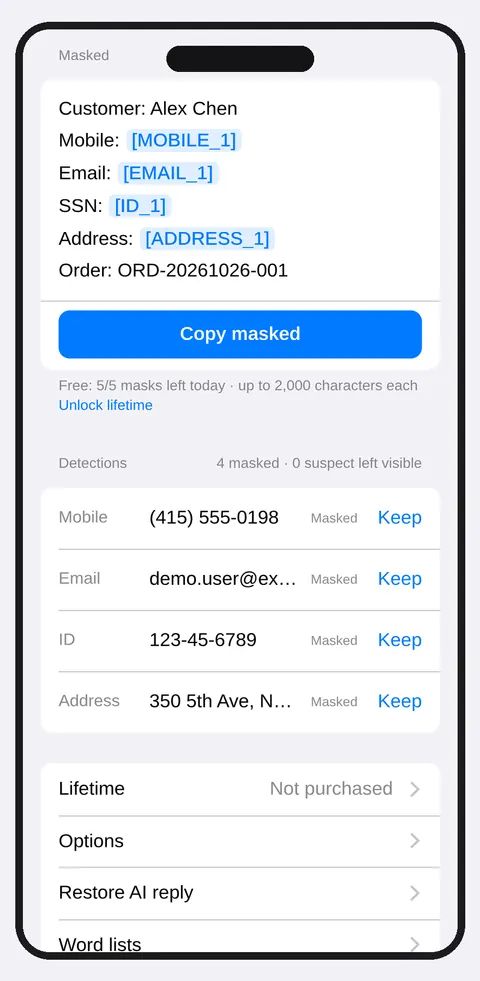 App screenshot: the masked text, with SSN, mobile, email and address replaced by placeholders, and a Copy masked button