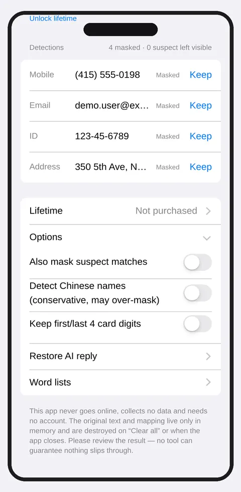 App screenshot: options with three switches — also mask suspect matches, detect Chinese names, keep first and last 4 card digits