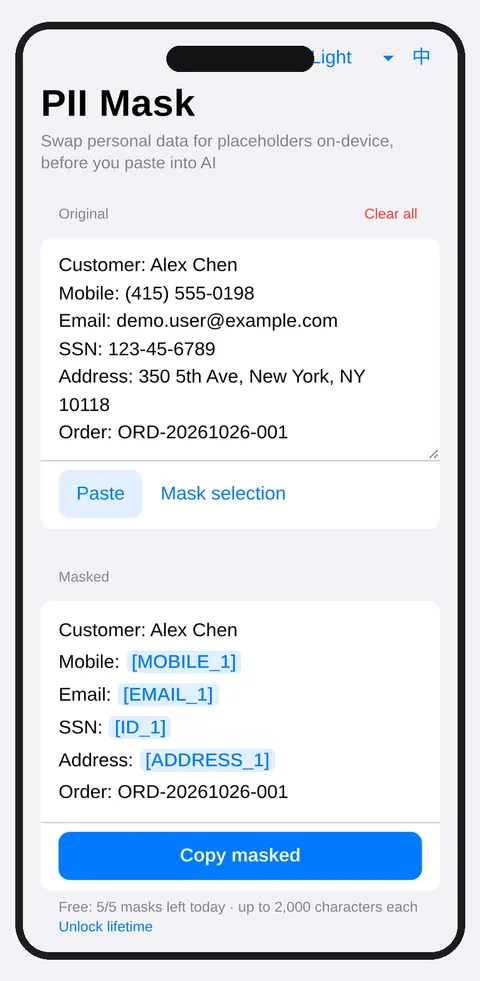 App screenshot: text containing a name, mobile, email, SSN and US address pasted into the input, with the masked result appearing below