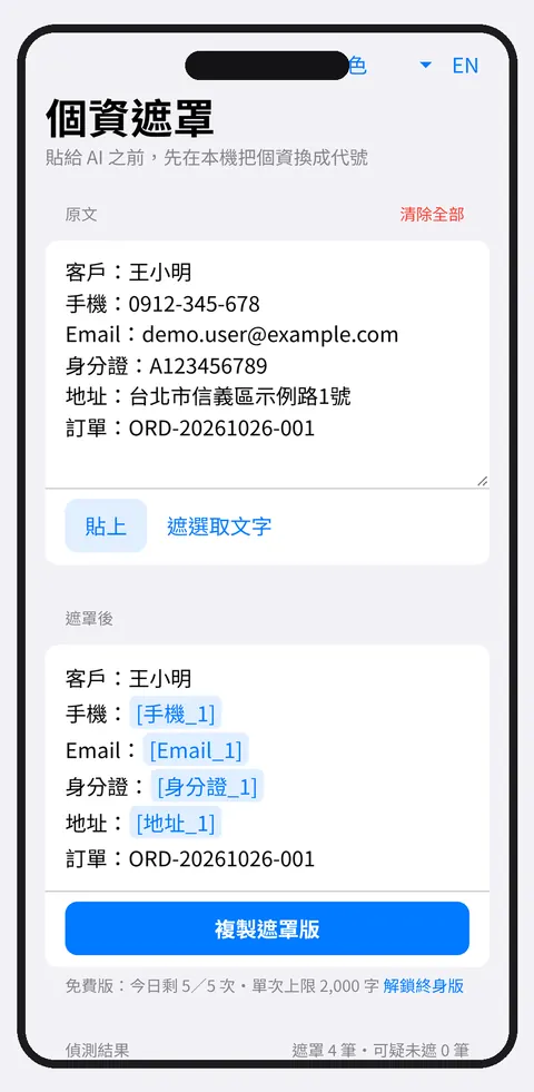 App 畫面：上方原文輸入框貼上了含姓名、手機、Email、身分證、地址的文字，下方即時出現遮罩結果